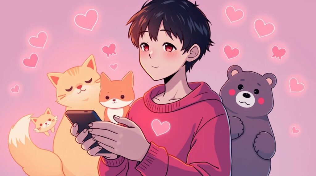 ハートで囲まれたクマやキツネなどのぬいぐるみに囲まれた、Tシャツを着て携帯電話を持った若い男性の画像。背景はピンクで、アニメ風です。