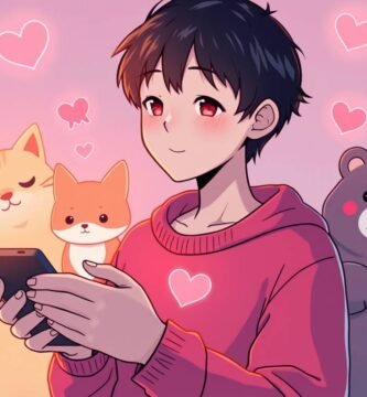 ハートで囲まれたクマやキツネなどのぬいぐるみに囲まれた、Tシャツを着て携帯電話を持った若い男性の画像。背景はピンクで、アニメ風です。
