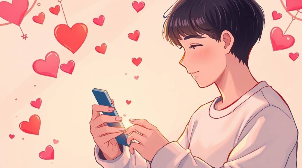 ピンクの背景に、漫画のハートに囲まれて携帯電話をチェックする恋する若い男性のアニメ風画像