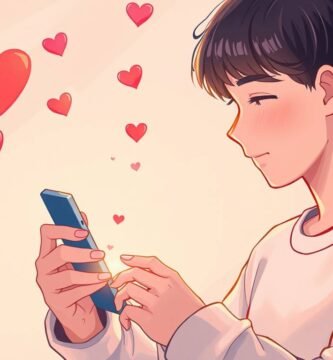 ピンクの背景に、漫画のハートに囲まれて携帯電話をチェックする恋する若い男性のアニメ風画像