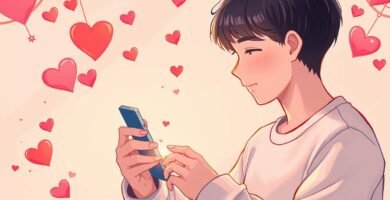 ピンクの背景に、漫画のハートに囲まれて携帯電話をチェックする恋する若い男性のアニメ風画像