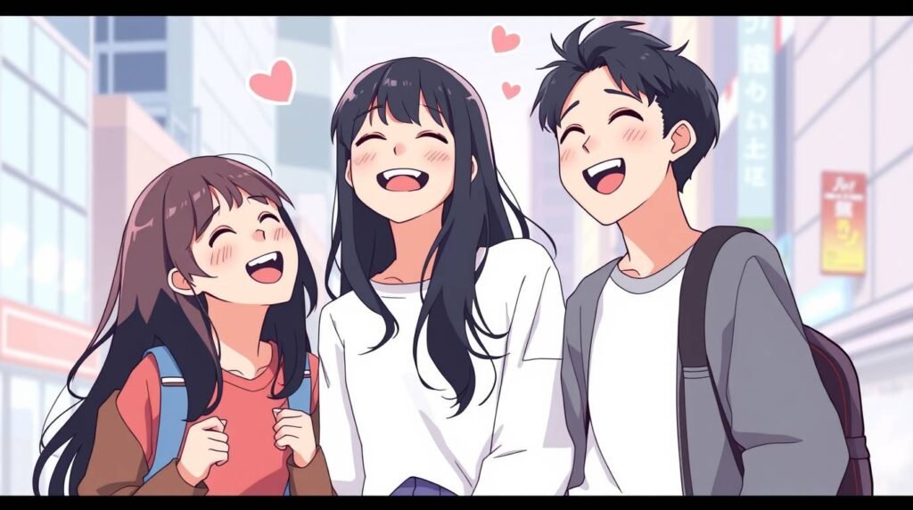 笑顔で笑っている友人グループ、その周りを囲むハートの背景、そして街の通りを描いたアニメ風の漫画画像。