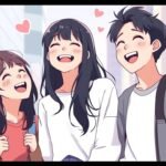 笑顔で笑っている友人グループ、その周りを囲むハートの背景、そして街の通りを描いたアニメ風の漫画画像。