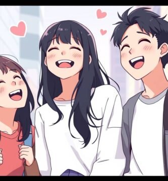 笑顔で笑っている友人グループ、その周りを囲むハートの背景、そして街の通りを描いたアニメ風の漫画画像。