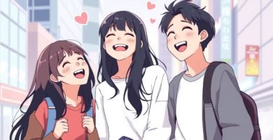 笑顔で笑っている友人グループ、その周りを囲むハートの背景、そして街の通りを描いたアニメ風の漫画画像。