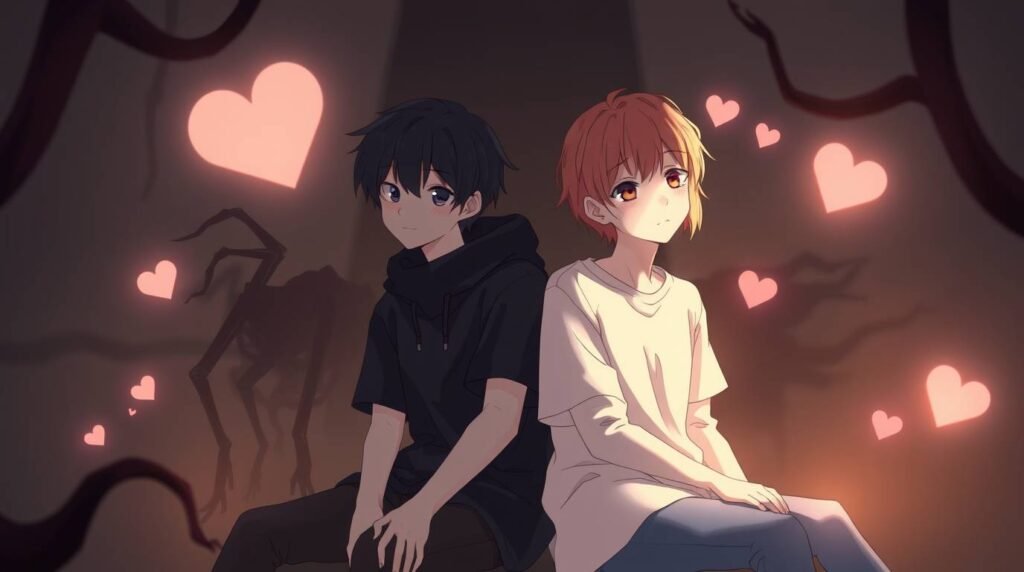 カラフルなハートに囲まれた木の幹に並んで座っている 2 人の若い男性のカラフルなアニメ風画像。