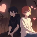 カラフルなハートに囲まれた木の幹に並んで座っている 2 人の若い男性のカラフルなアニメ風画像。