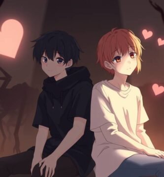 カラフルなハートに囲まれた木の幹に並んで座っている 2 人の若い男性のカラフルなアニメ風画像。