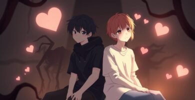 カラフルなハートに囲まれた木の幹に並んで座っている 2 人の若い男性のカラフルなアニメ風画像。