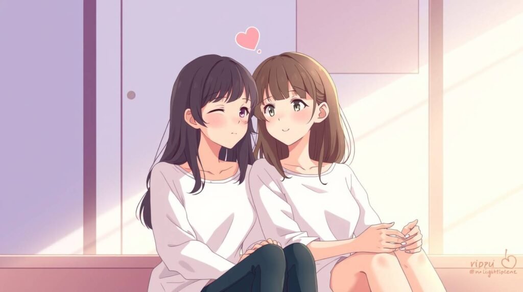 若い恋人二人が部屋に座り、窓から光が降り注ぐアニメ風の画像