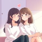 若い恋人二人が部屋に座り、窓から光が降り注ぐアニメ風の画像