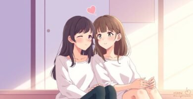 若い恋人二人が部屋に座り、窓から光が降り注ぐアニメ風の画像