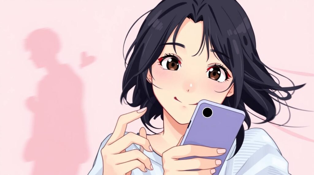 携帯電話をチェックしながらまっすぐ前を見つめて微笑んでいる若い女性の画像。ピンク色の背景には、ハートの横に若い男性のシルエットが見えます。