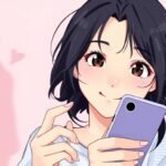 携帯電話をチェックしながらまっすぐ前を見つめて微笑んでいる若い女性の画像。ピンク色の背景には、ハートの横に若い男性のシルエットが見えます。