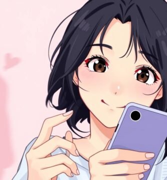 携帯電話をチェックしながらまっすぐ前を見つめて微笑んでいる若い女性の画像。ピンク色の背景には、ハートの横に若い男性のシルエットが見えます。