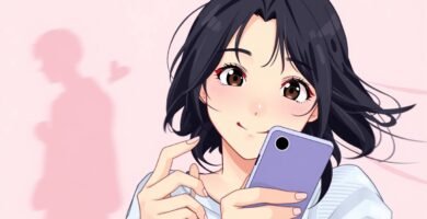 携帯電話をチェックしながらまっすぐ前を見つめて微笑んでいる若い女性の画像。ピンク色の背景には、ハートの横に若い男性のシルエットが見えます。
