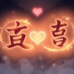 黒い文字と明るい赤い枠で囲まれた 2 つの名前の画像。中央にはハートがあり、背景にはハートの付いた雲が描かれています。