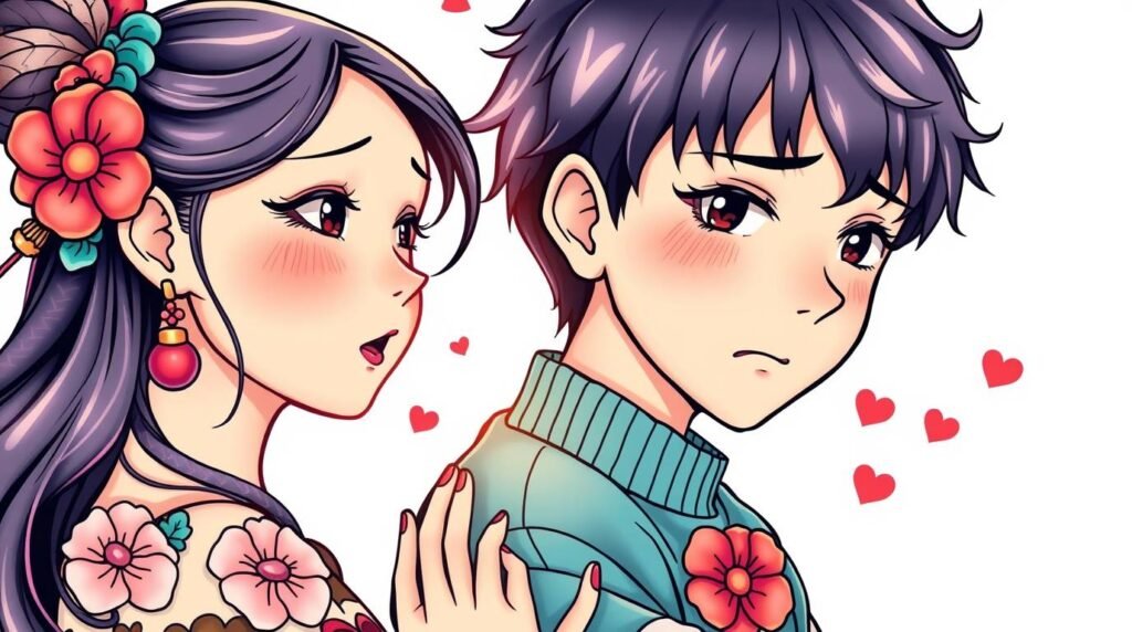 漫画風の花嫁と花婿の画像。花嫁は体と髪に花を飾っています。