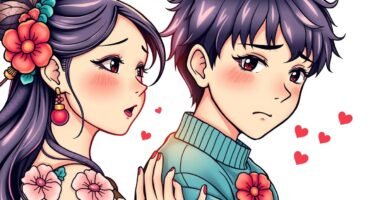 漫画風の花嫁と花婿の画像。花嫁は体と髪に花を飾っています。