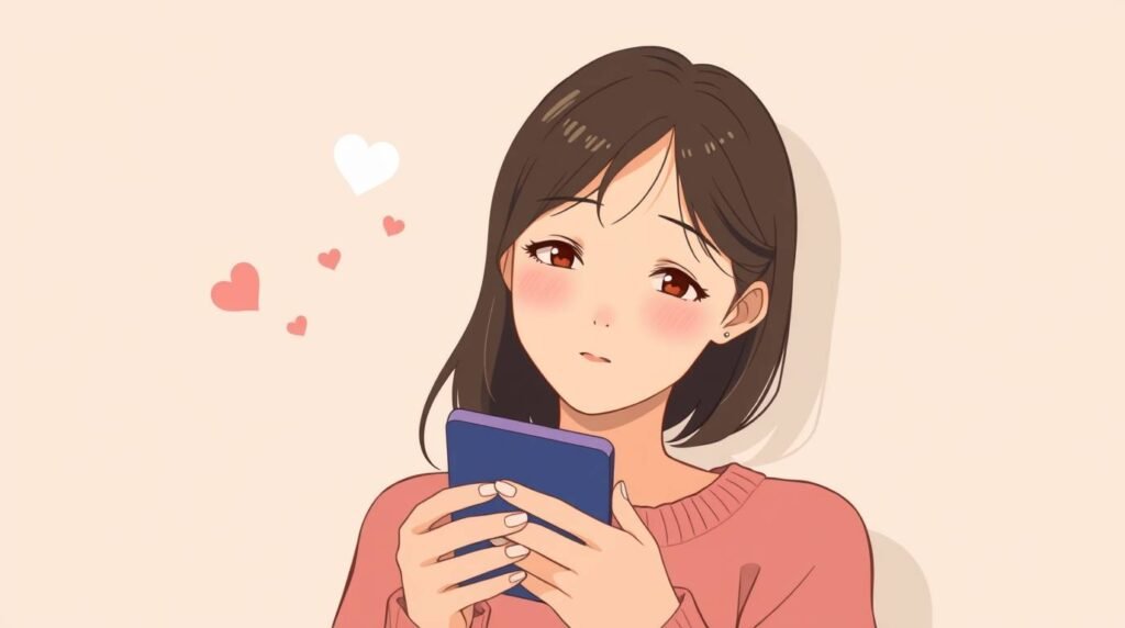 恋する若い女性が携帯電話をチェックしている漫画風の画像。ピンクの背景にハートのシンボルが画像の周囲に描かれている。