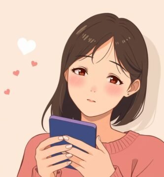恋する若い女性が携帯電話をチェックしている漫画風の画像。ピンクの背景にハートのシンボルが画像の周囲に描かれている。