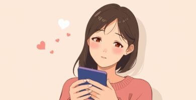 恋する若い女性が携帯電話をチェックしている漫画風の画像。ピンクの背景にハートのシンボルが画像の周囲に描かれている。
