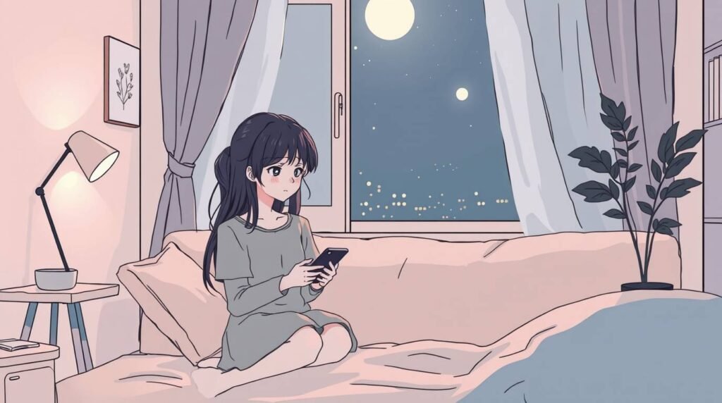 アパートの中で携帯電話をチェックしている女性の手描き風画像。窓からは満月の夜景が眺められます。