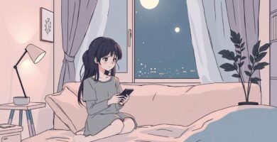 アパートの中で携帯電話をチェックしている女性の手描き風画像。窓からは満月の夜景が眺められます。