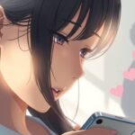 携帯電話を持ち、困惑した表情をしている若い女性のクローズアップ画像。背景には男性のシルエットとハートがあり、アニメ風です。