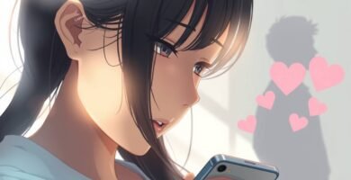携帯電話を持ち、困惑した表情をしている若い女性のクローズアップ画像。背景には男性のシルエットとハートがあり、アニメ風です。