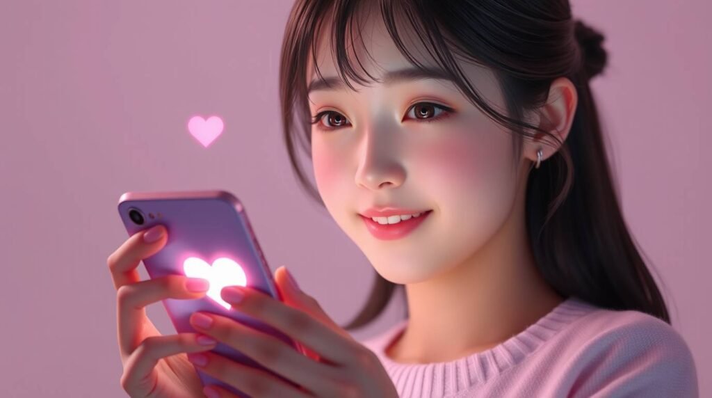 中央に光るハートの付いた携帯電話を見ながら、頬を赤らめて微笑んでいる若い女性の画像