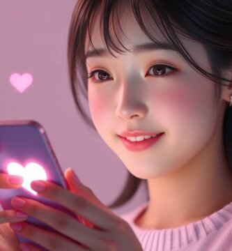 中央に光るハートの付いた携帯電話を見ながら、頬を赤らめて微笑んでいる若い女性の画像