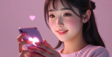 中央に光るハートの付いた携帯電話を見ながら、頬を赤らめて微笑んでいる若い女性の画像