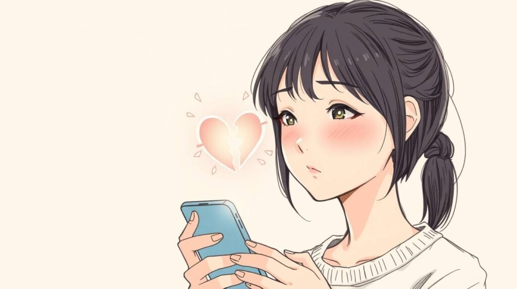 携帯電話を見ている若い女性の画像。彼女の前には壊れたハートのシンボルがあり、画像は白い背景とアニメスタイルです。