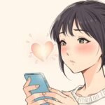 携帯電話を見ている若い女性の画像。彼女の前には壊れたハートのシンボルがあり、画像は白い背景とアニメスタイルです。