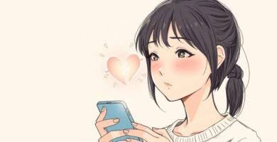 携帯電話を見ている若い女性の画像。彼女の前には壊れたハートのシンボルがあり、画像は白い背景とアニメスタイルです。