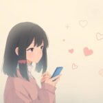 頬を赤らめ、まっすぐ前を見つめながら携帯電話で 4 つの質問のテストを見せている若い女性の画像。この画像はアニメ風です。