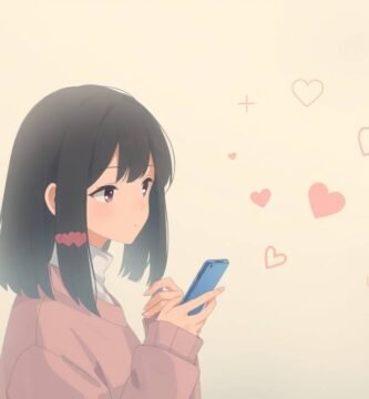 頬を赤らめ、まっすぐ前を見つめながら携帯電話で 4 つの質問のテストを見せている若い女性の画像。この画像はアニメ風です。