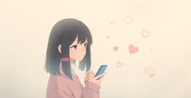 頬を赤らめ、まっすぐ前を見つめながら携帯電話で 4 つの質問のテストを見せている若い女性の画像。この画像はアニメ風です。