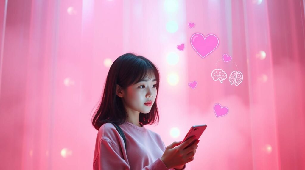 たくさんのハートが散りばめられたピンクの背景の中で、スマートフォンをチェックしている若い女性の画像。