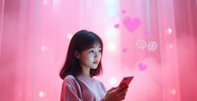 たくさんのハートが散りばめられたピンクの背景の中で、スマートフォンをチェックしている若い女性の画像。