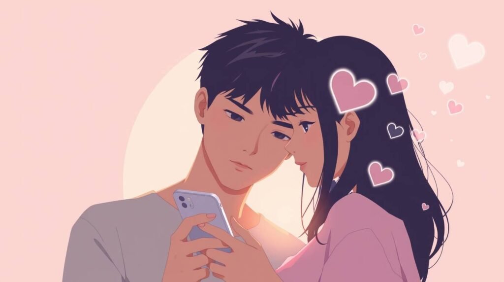 ピンクの背景に、ハートの付いた携帯電話またはスマートフォンを見ているアニメ風の若いカップルの画像