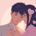 ピンクの背景に、ハートの付いた携帯電話またはスマートフォンを見ているアニメ風の若いカップルの画像