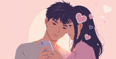 ピンクの背景に、ハートの付いた携帯電話またはスマートフォンを見ているアニメ風の若いカップルの画像