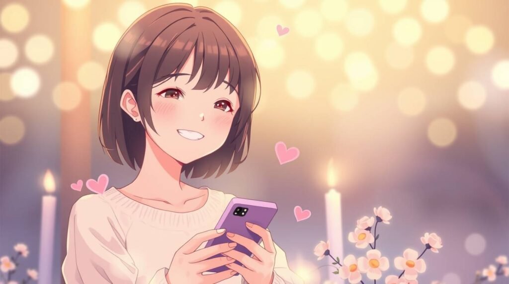 頬を赤らめたアニメスタイルの若い女性。両脇にはキャンドルとお花があり、背景にはカラフルな光が輝いている画像。