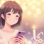 頬を赤らめたアニメスタイルの若い女性。両脇にはキャンドルとお花があり、背景にはカラフルな光が輝いている画像。