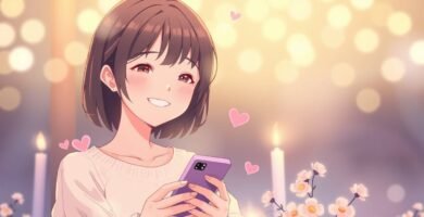 頬を赤らめたアニメスタイルの若い女性。両脇にはキャンドルとお花があり、背景にはカラフルな光が輝いている画像。