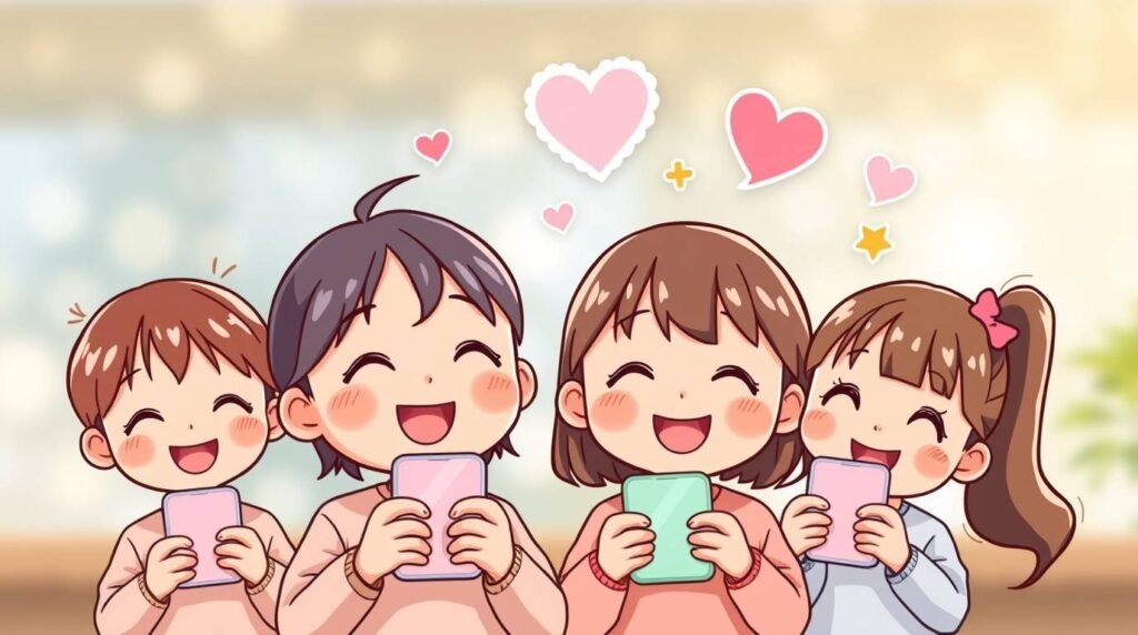 明るい背景に、目を閉じて顔を赤らめ、携帯電話を持ち、ハートに囲まれた笑顔の子供たちのグループが写っている画像。漫画風のスタイルです。