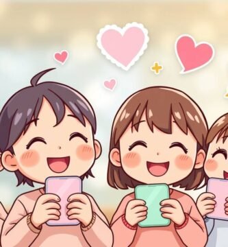 明るい背景に、目を閉じて顔を赤らめ、携帯電話を持ち、ハートに囲まれた笑顔の子供たちのグループが写っている画像。漫画風のスタイルです。