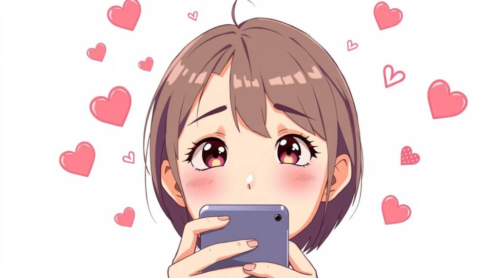 白い背景に、頬を赤らめながら携帯電話を見ている若い女性の画像。画像の周りにはハートがあり、アニメ風です。